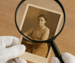 White-gloved hands inspecting an old sepia photograph on a wooden table using a magnifying glass